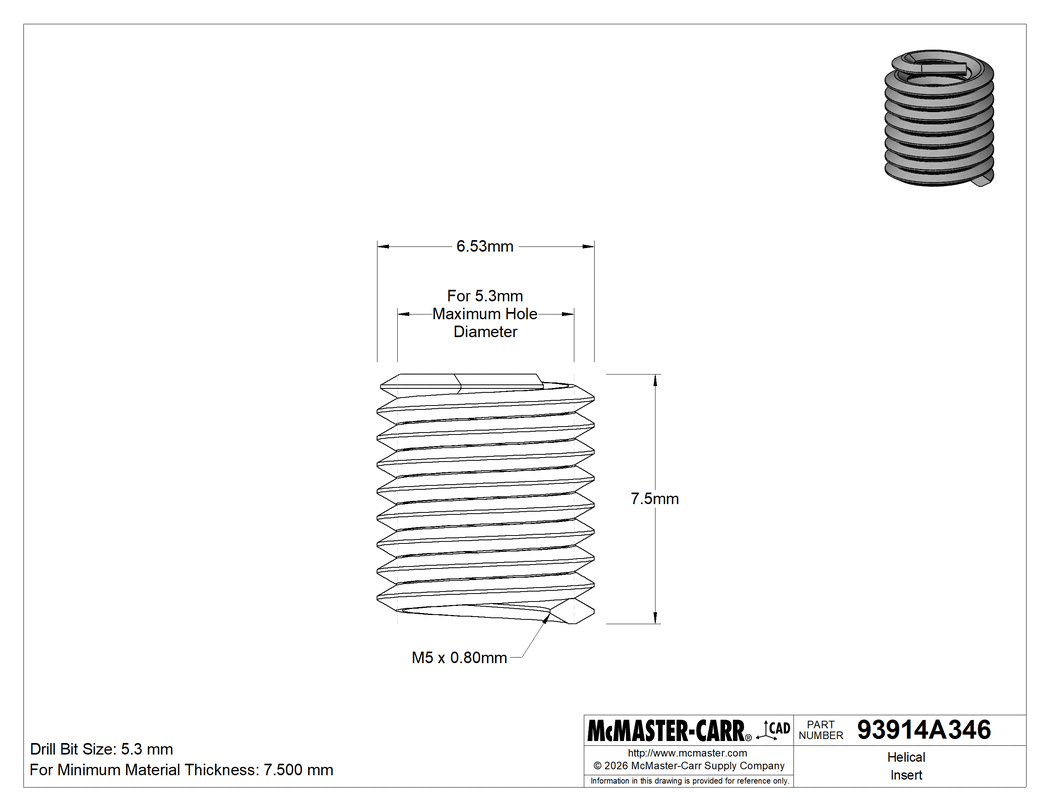 Technical Drawing of Helical Insert, Lubricated 18-8 Stainless Steel, M5 x 0.8 mm Thread Size, 7.5 mm Long.